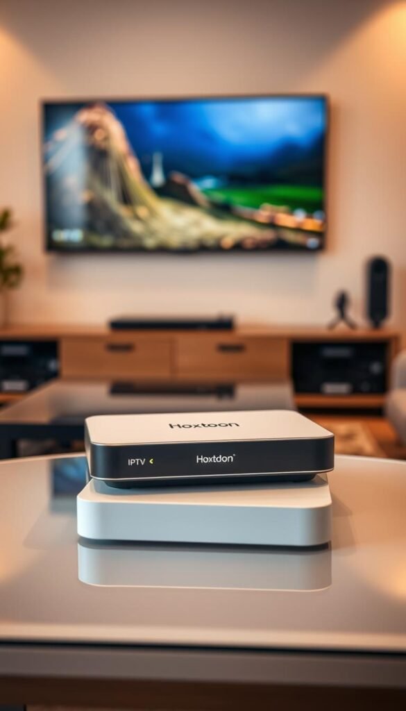 A sleek, minimalist IPTV device resting on a modern, glass-topped table. The device prominently displays the "Hoxtoon Provider" brand name, conveying a sense of premium quality and reliability. The room is bathed in warm, soft lighting, creating a cozy and inviting atmosphere. In the background, a large flat-screen TV mounted on the wall displays a vibrant, high-definition image, hinting at the exceptional viewing experience the IPTV service can provide. The overall scene suggests the seamless integration of the IPTV technology into a comfortable, elegant home setting, suitable for a range of household sizes.