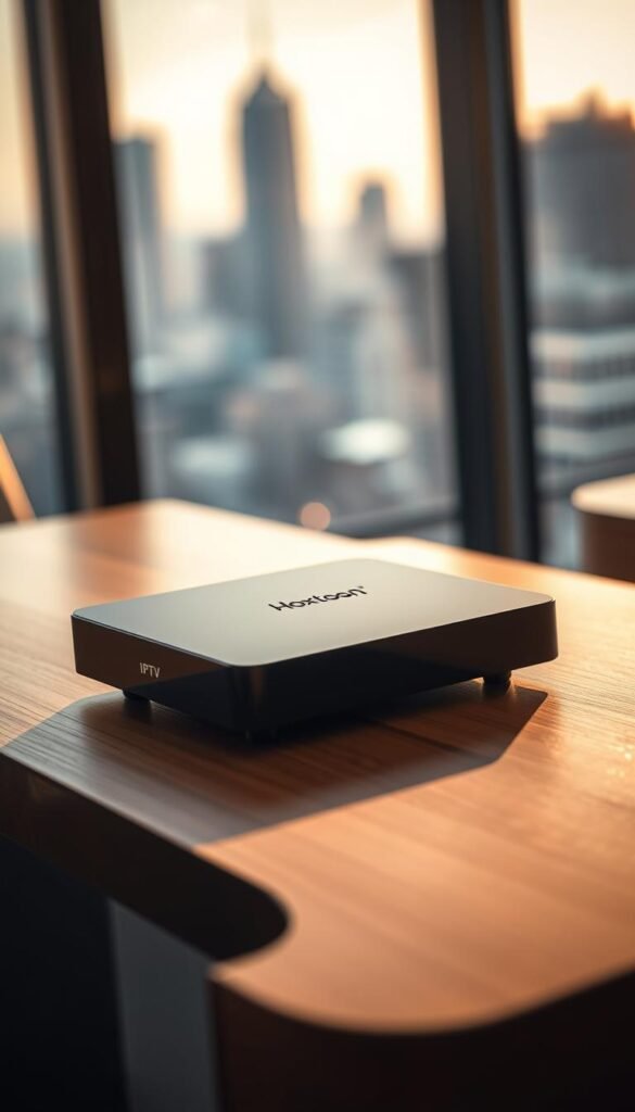 A sleek, minimalist IPTV device resting on a modern wood-and-glass desk, casting a soft glow. The device features the Hoxtoon Provider logo, conveying a sense of premium quality and reliability. The scene is bathed in warm, indirect lighting, creating a cozy, inviting atmosphere. In the background, a blurred city skyline is visible through a large window, suggesting a professional, urban setting. The overall impression is one of simplicity, sophistication, and the convenience of a lifetime IPTV subscription plan tailored for individual users.