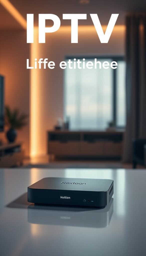 A sleek, minimalist IPTV device set against a modern, dimly lit interior. The device features the "Hoxtoon Provider" branding, showcasing its premium quality and reliability. Soft, warm lighting illuminates the scene, creating a cozy, inviting atmosphere. The background is blurred, drawing the viewer's attention to the device and emphasizing its importance as the focal point. The overall composition conveys a sense of simplicity, elegance, and the value proposition of "IPTV Lifetime Free" - a high-quality, affordable entertainment solution for the user.