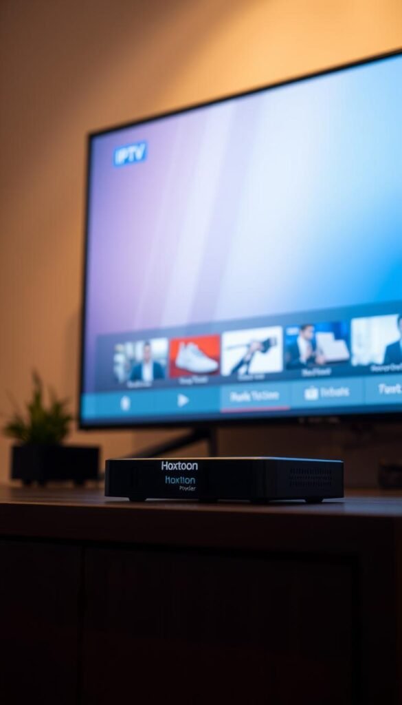 A sleek, minimalist IPTV device with a clean, modern interface displayed on a large, high-definition flat-screen television. The device features the "Hoxtoon Provider" brand name prominently displayed, conveying a sense of quality and reliability. The screen shows a live, seamless video stream with no buffering or interruptions, highlighting the device's ability to deliver a smooth, uninterrupted viewing experience. The scene is bathed in soft, warm lighting, creating a cozy and inviting atmosphere. The overall composition emphasizes the simplicity and effectiveness of the IPTV solution, making it an appealing choice for those seeking a reliable and hassle-free streaming experience.