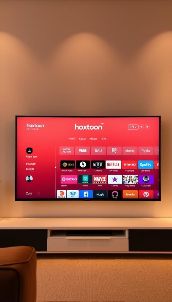 A sleek, minimalist IPTV interface showcasing the Hoxtoon Provider brand, bathed in a soft, warm lighting that lends a sense of sophistication. The screen displays a clean, intuitive layout with large, easy-to-navigate menu options, inviting the user to explore the various content categories. The interface features a subtle gradient background, complemented by bold, legible typography and well-organized icons, conveying a sense of professionalism and user-friendliness. The overall aesthetic is modern and visually appealing, drawing the viewer's attention to the content and services offered by the Hoxtoon Provider platform.