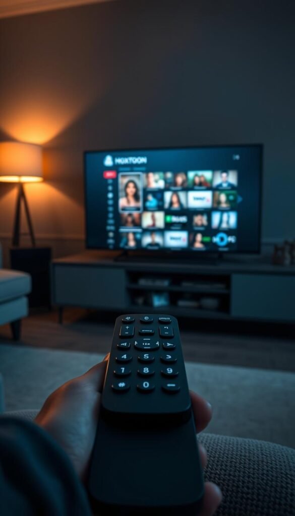 A sleek, minimalist IPTV interface showcasing the "Hoxtoon Provider" brand. In the foreground, a modern remote control with clean lines and intuitive buttons. The screen displays a curated selection of adult entertainment channels, conveying a sense of privacy and discretion. The middle ground features a state-of-the-art streaming device, seamlessly integrated into a stylish media console. The background suggests a cozy, dimly lit living room, creating an atmosphere of comfort and relaxation. Soft, warm lighting and muted tones evoke a sense of exclusivity and high-end sophistication.