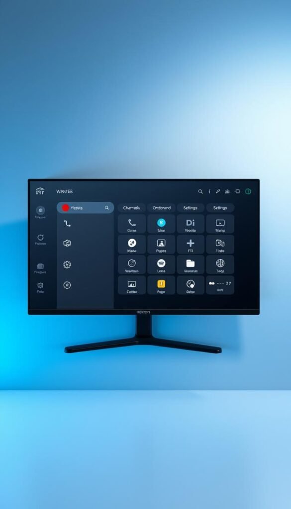 A sleek, minimalist IPTV panel interface designed by Hoxtoon Provider, displayed on a high-resolution monitor. The interface features a clean, intuitive layout with clearly labeled sections for channels, on-demand content, and settings. The background is a subtle gradient of cool blues and grays, creating a professional and modern atmosphere. The panel's icons and menus are crisp and easy to navigate, with a focus on user-friendliness. Soft, directional lighting illuminates the interface, highlighting its sharp edges and elegant curves. The overall impression is one of a powerful, yet straightforward tool for managing a lifetime IPTV subscription.