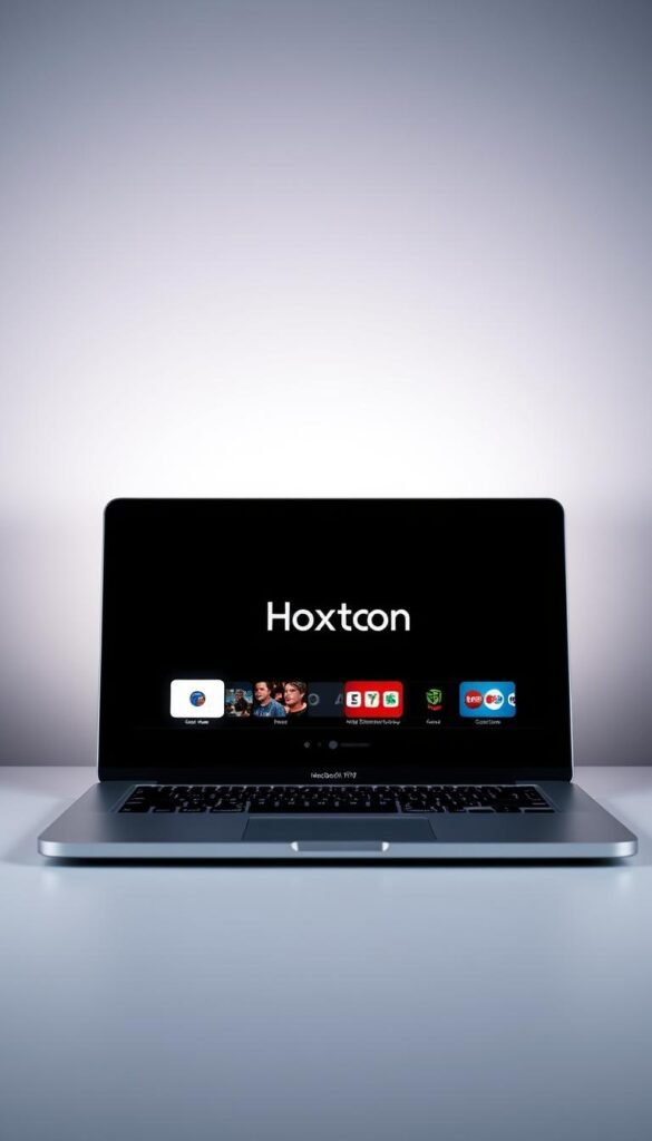 A sleek, minimalist IPTV player software interface displayed on a silver MacBook Pro against a muted, gradient background. In the center, the Hoxtoon Provider logo shines prominently, conveying a sense of premium quality and reliability. The player showcases a clean, intuitive design with simple menu options and high-definition video playback controls. Soft, directional lighting accentuates the MacBook's aluminum chassis, creating a sophisticated, professional atmosphere. The overall scene exudes a modern, elegant aesthetic tailored for the discerning Mac user.