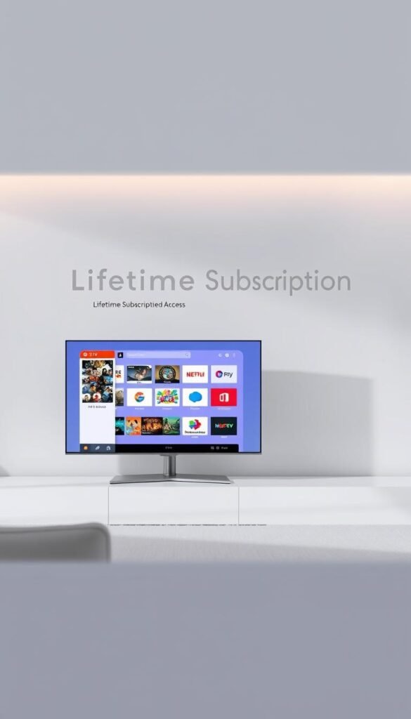 A sleek, minimalist IPTV service interface showcasing the Hoxtoon Provider brand, set against a clean, modern backdrop. In the foreground, a sophisticated smart TV display presents a selection of IPTV channels and services, hinting at the comprehensive lifetime subscription package available in Malaysia. The middle ground features elegant typography highlighting key features like "Lifetime Subscription" and "Unrestricted Access", while the background subtly suggests a technologically advanced, cloud-based infrastructure supporting the IPTV offering. Soft, directional lighting creates depth and emphasizes the premium, reliable nature of the Hoxtoon Provider IPTV services.