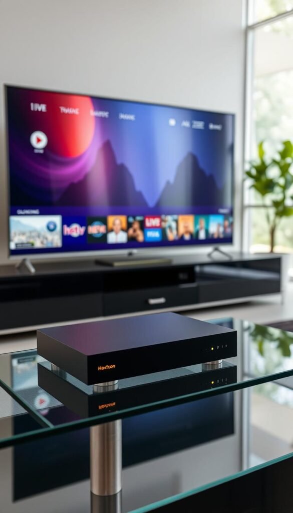 A sleek, minimalist IPTV setup displayed on a modern living room setup. In the foreground, a stylish Hoxtoon Provider device sits atop a glass entertainment center, its clean lines and subtle LED indicators conveying a sense of high-tech sophistication. The middle ground showcases a high-definition television displaying a vibrant, seamless IPTV interface, showcasing a wide variety of live channels and on-demand content. In the background, large windows allow natural light to flood the space, creating a bright, airy atmosphere. The overall scene conveys the convenience, reliability, and entertainment value of switching to a premium IPTV service like Hoxtoon Provider.