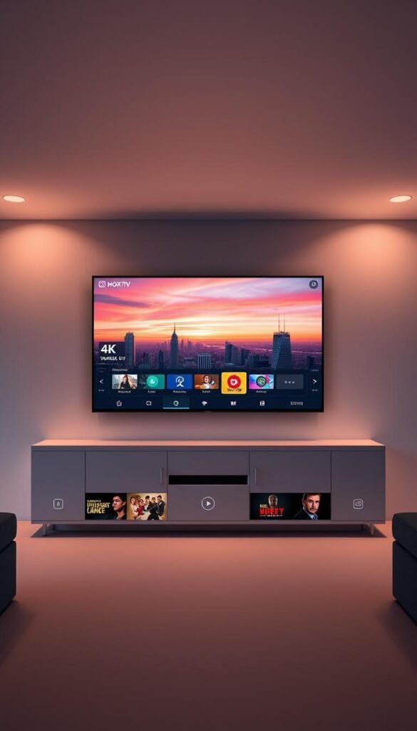 A sleek, minimalist IPTV streaming service interface showcasing the Hoxtoon Provider brand. In the center, a large 4K video player displays stunning high-definition content, surrounded by a clean grid of channel thumbnails. The background features a subtle cityscape with skyscrapers and a vibrant evening sky, creating a sense of global connectivity. Elegant typography and icons convey the service's user-friendly navigation. Warm, diffused lighting from various angles highlights the modern, premium aesthetic. The overall scene radiates the power and convenience of accessing a world of entertainment through a single, intuitive IPTV platform.