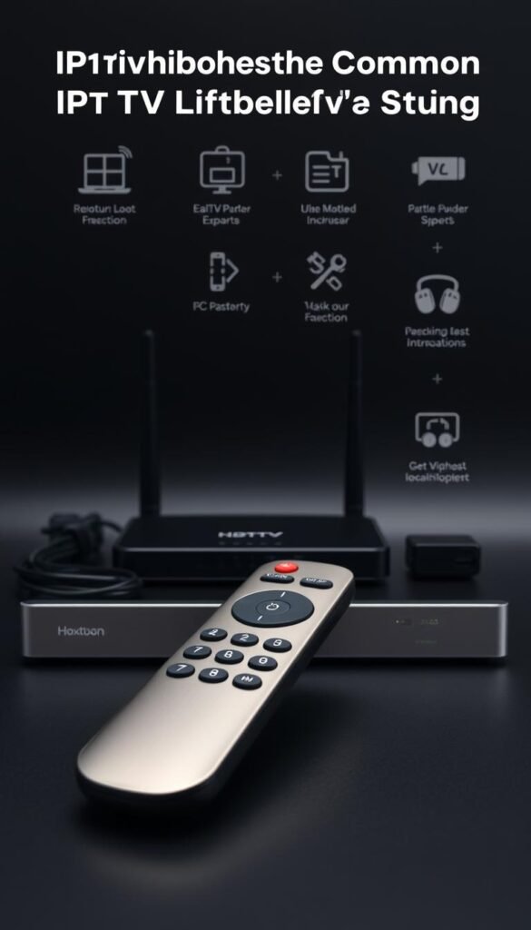 A sleek, minimalist IPTV troubleshooting guide on a matte black background. In the foreground, a sophisticated Hoxtoon Provider IPTV remote control, its brushed metal finish catching the soft, directional lighting. Behind it, a neatly organized array of IPTV setup components - a router, ethernet cable, and power adapter - arranged in a clean, grid-like pattern. In the background, a series of simplified IPTV troubleshooting icons and infographics, conveying common issues and solutions with elegant simplicity. The overall mood is one of professionalism, functionality, and technological prowess, perfectly suited to illustrate the "Troubleshooting Common Lifetime IPTV Panel Issues" section.