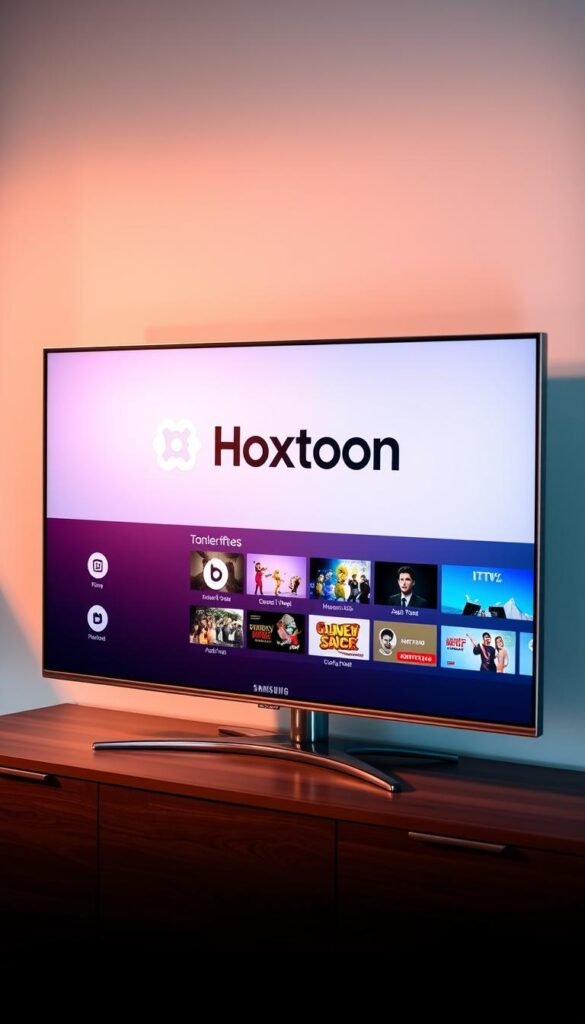 A sleek, minimalist Samsung TV display showcasing the Hoxtoon Provider app interface. The TV is positioned on a modern, wooden media console, bathed in warm, diffused lighting. The Hoxtoon logo is prominently displayed on the TV screen, surrounded by a clean, user-friendly layout of app menus and content thumbnails. The scene conveys a sense of seamless integration and easy accessibility, inviting the viewer to explore the IPTV service on their Samsung device.