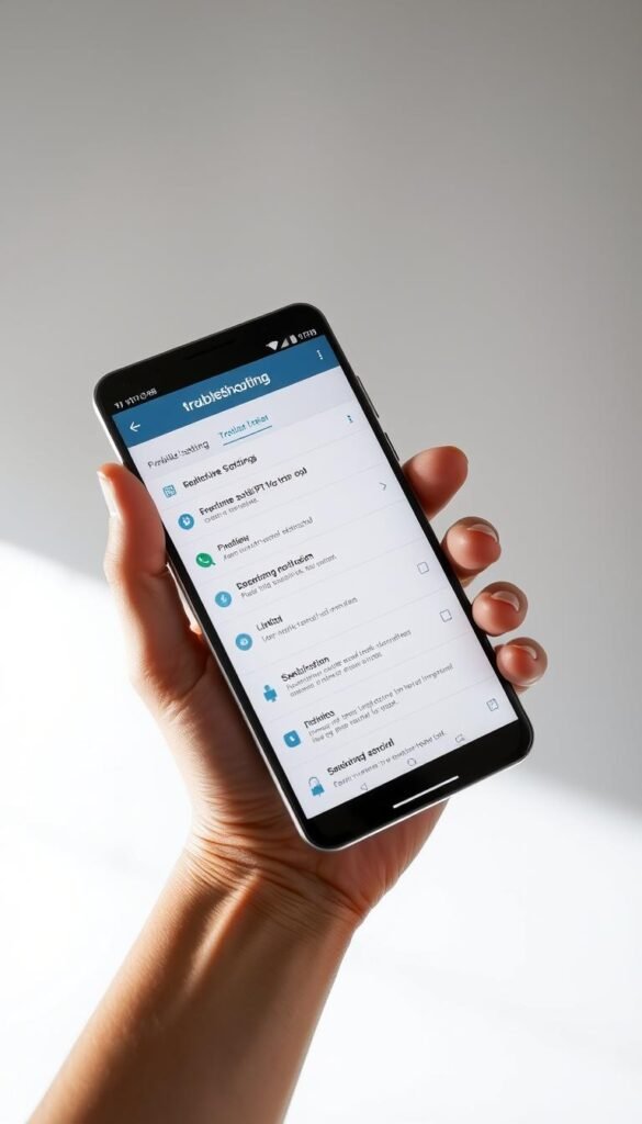 A sleek, minimalist android phone displaying the Hoxtoon Provider IPTV app interface. The screen showcases various troubleshooting options and settings, with a clean and intuitive layout. The phone is held in a natural, hand-held position, capturing the device in a well-lit, studio-like setting with soft, directional lighting from the side. The background is a simple, neutral color that allows the phone and app details to take center stage. The overall tone is professional, informative, and focused on troubleshooting common IPTV issues on android devices.