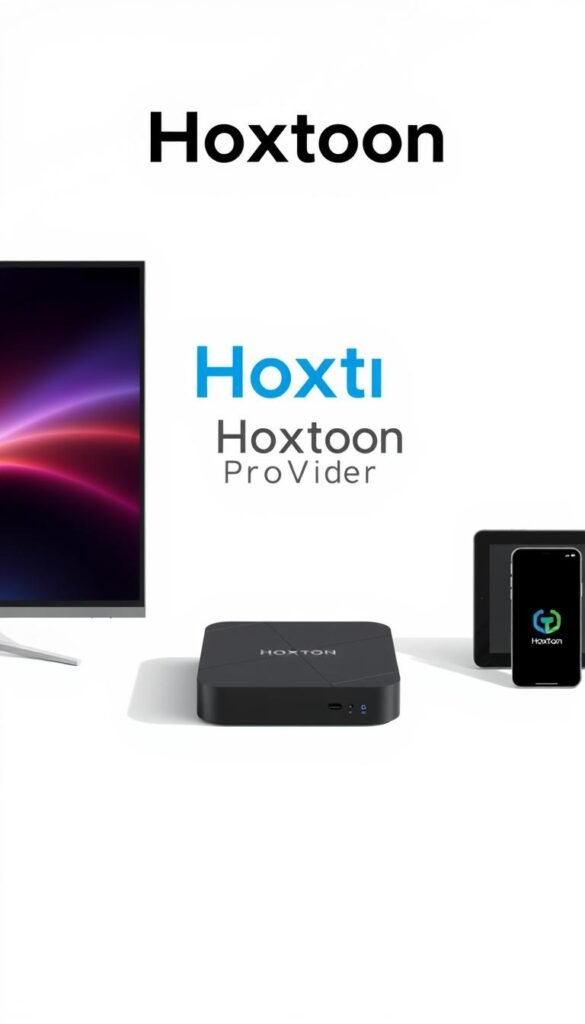 A sleek, minimalist arrangement of IPTV-compatible devices, including a smart TV, a set-top box, a tablet, and a smartphone. The devices are showcased against a clean, light-colored background, with subtle shadows and highlights to accentuate their modern, high-tech aesthetic. The Hoxtoon Provider logo is prominently displayed, adding a touch of branding to the scene. The overall composition conveys a sense of connectivity, versatility, and the seamless integration of IPTV technology into everyday life.