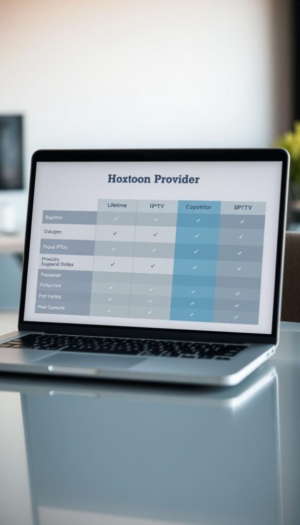 A sleek, minimalist comparison chart displayed on a laptop screen, showcasing the lifetime IPTV offers from Hoxtoon Provider and its competitors. The chart is neatly organized, with clean lines and a modern, sophisticated color palette of grays, blues, and whites. The background is a soft, gradient-based office setting, with just a hint of blurred office furniture and decor visible. The lighting is natural and diffused, creating a professional, elegant atmosphere. The chart prominently features the Hoxtoon Provider brand name, highlighting its lifetime IPTV offer in a clear, concise manner that allows for easy comparison with other providers.