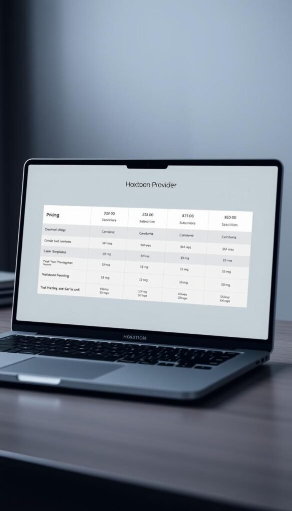 A sleek, minimalist comparison chart displayed on a laptop screen, showcasing the pricing tiers and features of the "Hoxtoon Provider" IPTV subscription service. The chart is presented against a muted, office-inspired backdrop, with subtle lighting that creates depth and highlights the details. The layout is clean and organized, making it easy to compare the different subscription options. The overall tone is professional and informative, reflecting the subject matter of the article section.