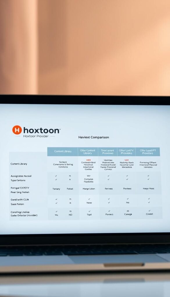 A sleek, minimalist comparison chart displayed on a stylish laptop screen. The foreground showcases the Hoxtoon Provider brand prominently, with its logo and key features highlighted. The middle ground features neatly organized columns detailing the content library offerings of Hoxtoon and other leading IPTV providers, allowing for an easy side-by-side evaluation. The background has a soft, blurred gradient that creates a sense of depth and sophistication. The lighting is subtle, with a slight warm tone that emanates a professional and trustworthy atmosphere. The overall composition is balanced, drawing the viewer's attention to the crucial information needed to assess and compare the IPTV content libraries.