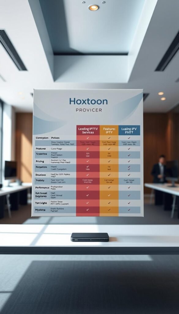 A sleek, minimalist comparison chart hovers in a well-lit, modern office setting. The chart features the Hoxtoon Provider brand prominently at the top, with columns detailing its features, pricing, and performance metrics juxtaposed against those of other leading IPTV services. The layout is clean and visually appealing, with bold typography and strategic use of colors to highlight key differences. The scene is captured from a slightly elevated angle, creating a sense of professionalism and authority. Subtle shadows and reflections add depth and dimension, while the overall mood conveys a sense of authority and credibility, befitting the subject matter.