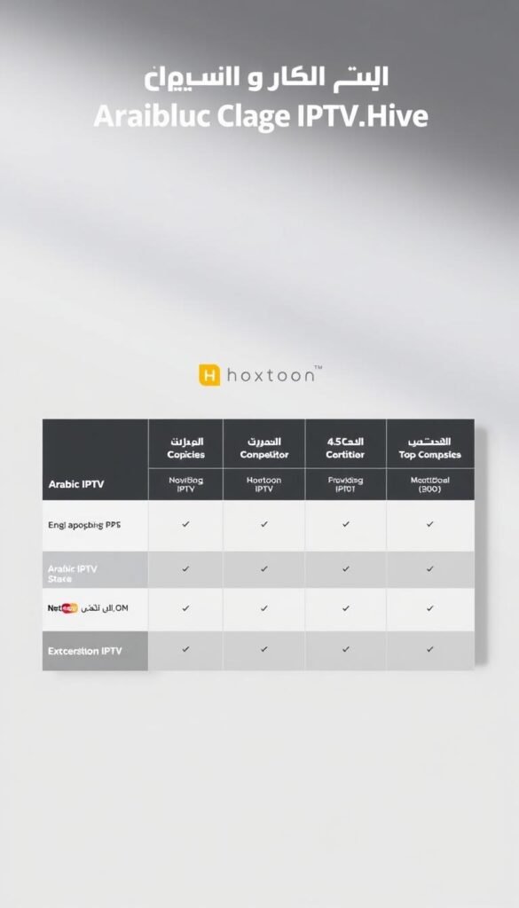 A sleek, minimalist comparison chart showcasing the features and services of the "Hoxtoon Provider" Arabic IPTV service alongside its top competitors. The chart is set against a clean, neutral background with a soft, diffused lighting that highlights the key details. The layout is organized and easy to read, with clear delineation between the different service providers. The Hoxtoon logo is prominently displayed, conveying its position as a leading player in the Arabic IPTV market. The overall tone is professional and informative, inviting the viewer to make an informed decision about the best service for their needs.