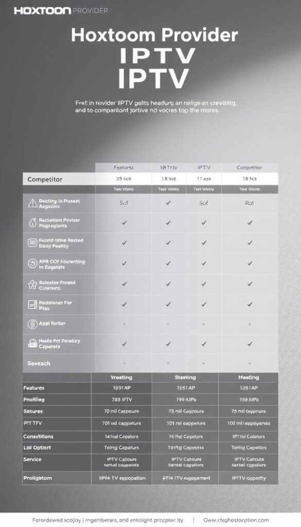 A sleek, minimalist comparison chart showcasing the key features and capabilities of the Hoxtoon Provider IPTV service alongside its top competitors. The chart is presented against a clean, neutral background with a subtle gradient or texture, allowing the information to take center stage. The layout is well-organized, with clear and concise headings, icons, and data points that highlight the unique selling points of each IPTV option. The overall aesthetic is professional, elegant, and designed to help the viewer quickly grasp the distinctions between the various IPTV providers. Soft, directional lighting accentuates the clarity and legibility of the chart, creating a sense of authority and trust.