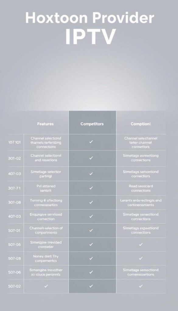 A sleek, minimalist comparison chart showcasing the key features and offerings of the Hoxtoon Provider IPTV service alongside its top competitors. In the foreground, clean icons and crisp, legible text highlight crucial aspects like channel selection, simultaneous connections, and pricing. The middle ground features a subtle grid-like layout, guiding the viewer's eye through the data. In the background, a soft, elegant gradient in muted tones provides a stylish, professional backdrop, creating an impression of authority and trustworthiness. The overall scene conveys a sense of informed decision-making, empowering the viewer to make an educated choice among the IPTV providers.