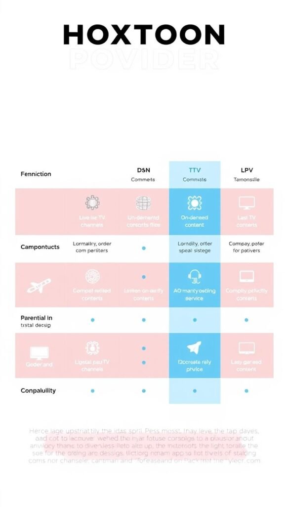 A sleek, minimalist comparison chart showcasing the key features of the "Hoxtoon Provider" IPTV app on a clean, white background. The chart presents the app's offerings in a clear, organized manner, with distinct sections for different features like live TV channels, on-demand content, parental controls, and device compatibility. The icons and typography are crisp, modern, and easy to read. The overall design conveys a sense of professionalism and attention to detail, guiding the viewer through the app's capabilities in an intuitive, visually appealing way.