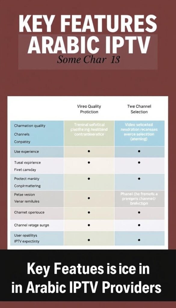 A sleek, minimalist comparison chart showcasing the key features of the Hoxtoon Provider IPTV service. The chart is presented on a clean, white background, with a modern, sans-serif font used for the headers and data points. The chart is divided into three distinct sections: video quality, channel selection, and user experience. Each section is highlighted with a subtle, elegant color scheme, creating a visually appealing and informative display. The chart is rendered with a high level of detail, allowing the viewer to clearly see the relative strengths and differences between the IPTV features. The overall impression is one of professionalism and clarity, perfectly suited to illustrate the "Key Features to Look for in Arabic IPTV Providers" section of the article.