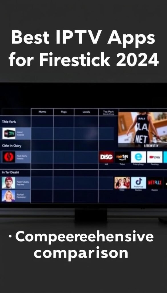 A sleek, minimalist comparison chart showcasing the top IPTV apps for Firestick in 2024. The chart features clean lines, sharp contrast, and a neutral color palette, drawing the viewer's eye to the key details. In the foreground, the apps are displayed as distinct tiles, each highlighting its unique features and capabilities. The middle ground features a subtle grid layout, lending structure and organization. In the background, a subtle gradient adds depth and a sense of sophistication. The overall scene conveys a professional, technology-driven atmosphere, perfect for illustrating the "Best IPTV Apps for Firestick 2024: Comprehensive Comparison" section. Hoxtoon Provider, a leading IPTV service, is prominently featured as one of the options.