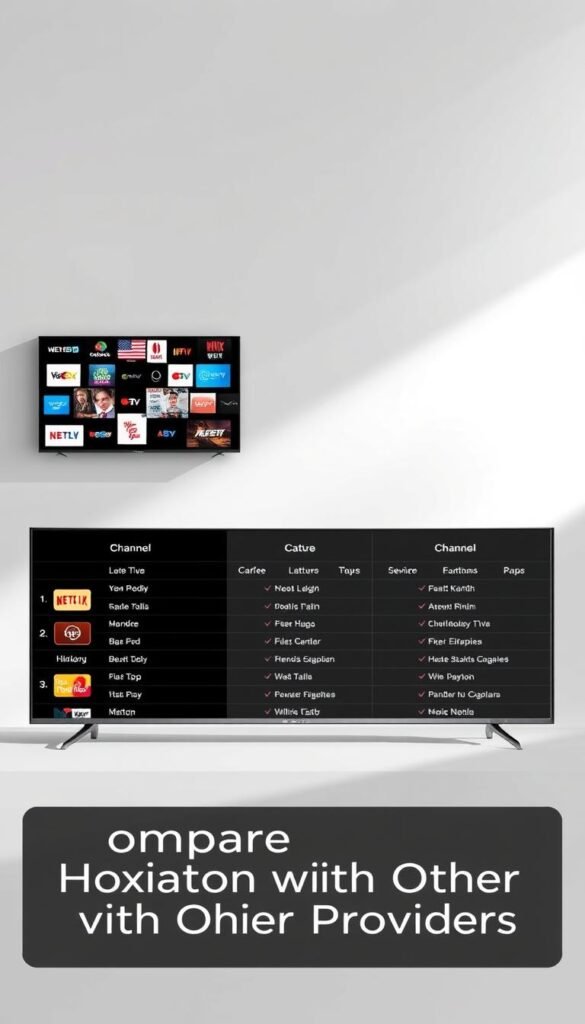 A sleek, minimalist comparison interface showcasing the channel selection of the Hoxtoon Provider IPTV service alongside other leading providers. The foreground features a grid-like layout of app icons, reflecting the diverse content options. The middle ground displays detailed channel lineups for each service, with bold typography highlighting key features. The background is a clean, monochromatic gradient, drawing focus to the comparative information. Soft, directional lighting casts subtle shadows, creating depth and a sense of professionalism. The overall composition conveys a balanced, data-driven approach to evaluating IPTV providers, perfectly suited to illustrate the "Comparing Hoxtoon with Other IPTV Providers" section.