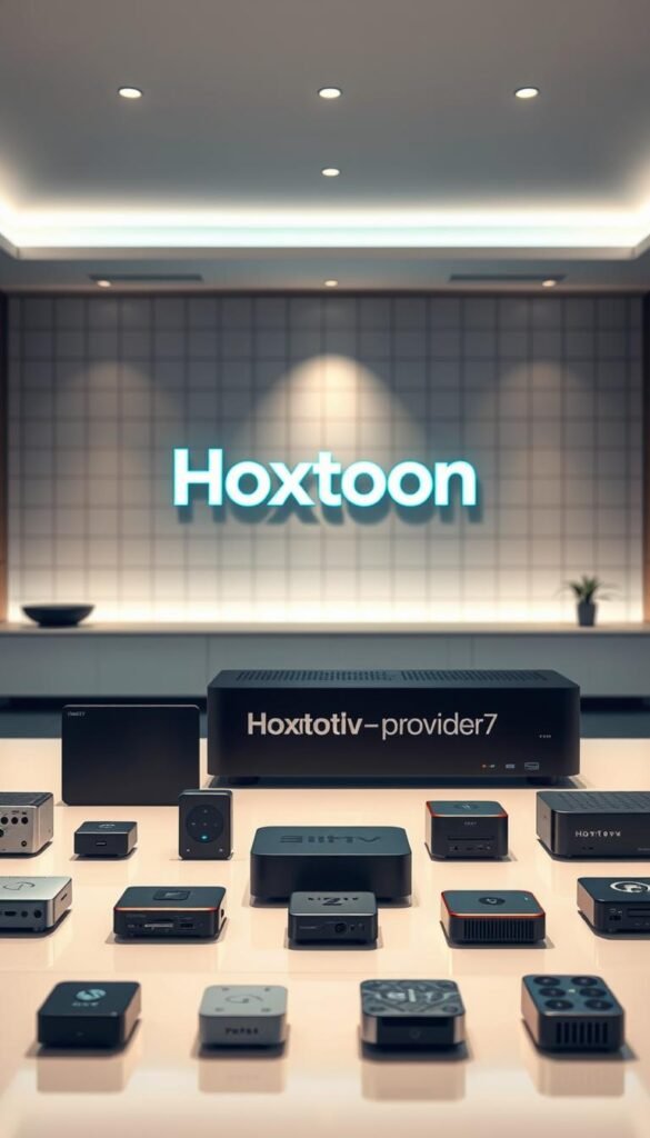 A sleek, minimalist comparison of IPTV providers, featuring the Hoxtoon Provider service prominently displayed. The scene is set in a stylish, modern office environment, with clean lines and a neutral color palette. In the foreground, various IPTV device icons are arranged neatly, showcasing their features and capabilities. The middle ground highlights the Hoxtoon Provider branding, presented in a bold, visually striking manner. In the background, a subtle grid-like pattern creates a sense of structure and organization, complementing the overall professional and informative tone. Soft, diffused lighting casts a warm, inviting glow, drawing the viewer's attention to the key elements of the comparison. The overall impression is one of a comprehensive, well-researched IPTV provider review, conveying authority and expertise.