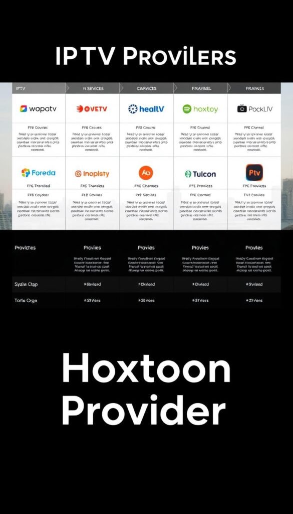 A sleek, minimalist comparison of IPTV providers, showcasing the Hoxtoon Provider brand prominently in the foreground. The layout features clean lines, sharp contrasts, and a sophisticated color palette of muted grays, blacks, and metallic accents. The midground depicts a grid of provider logos, each with concise information about their services, pricing, and channel offerings. The background has a subtle, out-of-focus cityscape, hinting at the global reach and connectivity of these IPTV solutions. Crisp, even lighting and a slightly elevated camera angle lend an air of professionalism and authority to the overall composition.