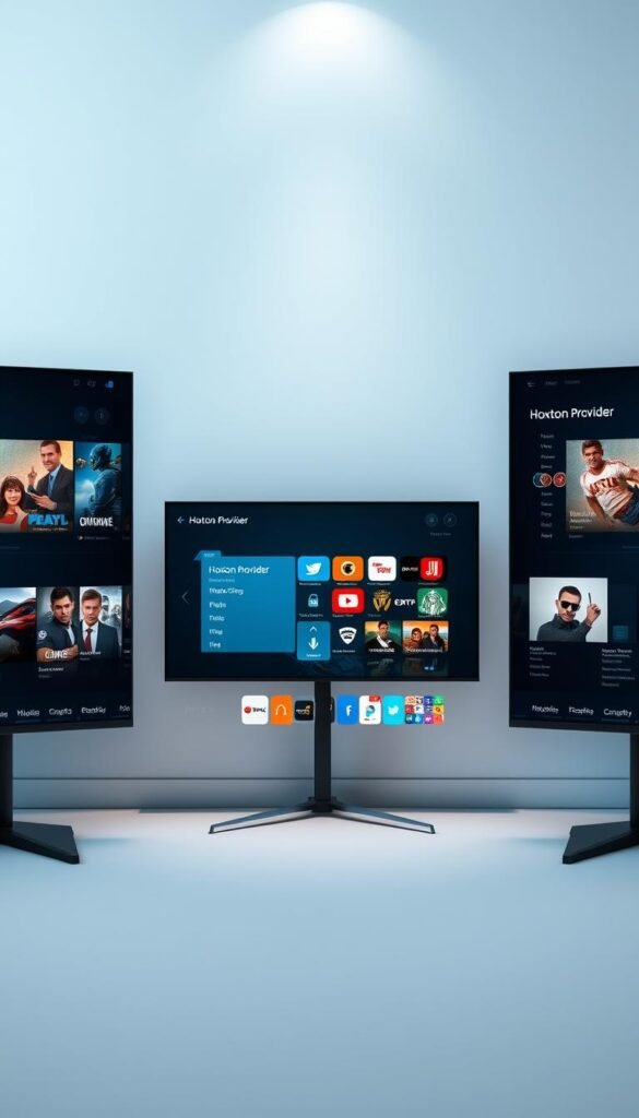 A sleek, minimalist comparison of IPTV service providers, showcasing the Hoxtoon Provider alongside its competitors. The scene features three adjacent display screens, each showcasing the unique user interface and content offerings of the respective IPTV services. The Hoxtoon Provider screen prominently displayed in the center, with its intuitive layout and diverse channel selection. Soft, directional lighting illuminates the screens, creating a professional, informative atmosphere. The background is a clean, neutral space, allowing the displays to be the focal point. The overall composition conveys a sense of objective, side-by-side evaluation of the IPTV options available to the viewer.