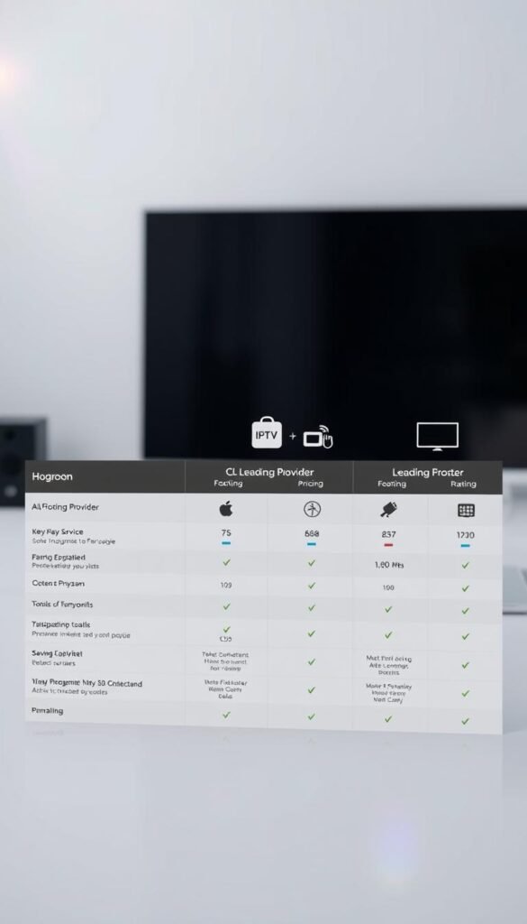 A sleek, minimalist comparison of IPTV service providers, showcasing the Hoxtoon Provider alongside other leading European options. In the foreground, a grid-like layout displays key features, pricing, and user ratings for each service, presented with clean typography and subtle icons. The middle ground features simplified product illustrations, hinting at the services' capabilities. In the background, a soft, gradient-based color scheme creates a professional, tech-savvy atmosphere, complemented by subtle lens flares and a shallow depth of field. The overall impression is one of an informed, data-driven comparison, allowing the viewer to easily evaluate the Hoxtoon Provider against its competitors.