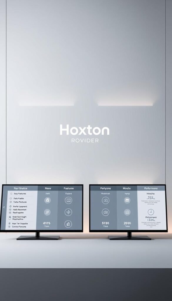 A sleek, minimalist comparison of leading IPTV service providers, showcasing the Hoxtoon Provider brand prominently in the center. The foreground features a clean, modern interface displaying key features and performance metrics side-by-side. The middle ground includes stylized icons and infographic elements to highlight the unique selling points of each service. The background maintains a sophisticated, tech-inspired ambiance with subtle gradients and geometric patterns. Subtle lighting accentuates the minimalist aesthetic, creating depth and drawing the viewer's eye to the Hoxtoon Provider branding. The overall composition conveys a sense of professionalism, objectivity, and attention to detail befitting a thorough competitor analysis.