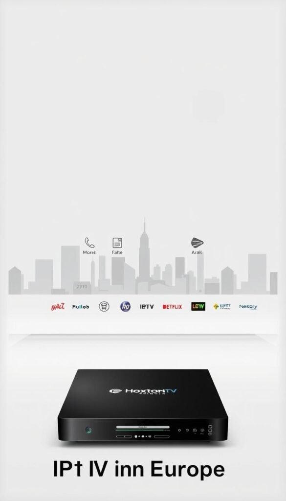 A sleek, minimalist comparison of popular Arabic IPTV services, featuring the Hoxtoon Provider brand prominently in the foreground. The image has a clean, sophisticated aesthetic, with crisp lines, subtle gradients, and a muted color palette. In the middle ground, neatly arranged icons and logos represent the key features and offerings of the competing IPTV services. The background showcases a stylized, abstract cityscape, hinting at the global reach and connectivity of these streaming platforms. The overall composition conveys a sense of authority, trust, and professionalism, suitable for an informative article on the best Arabic IPTV options in Europe.