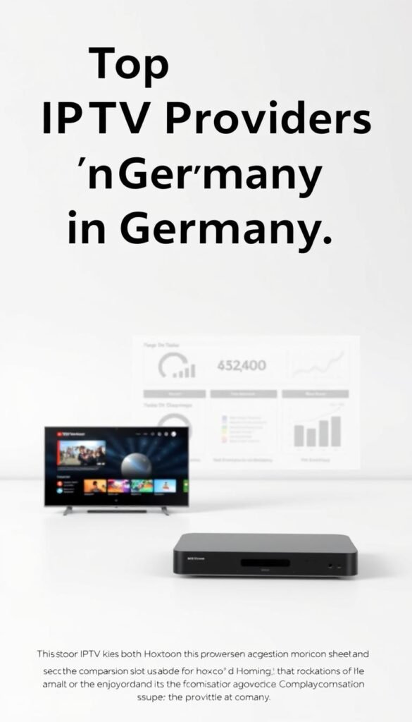 A sleek, minimalist comparison of the top IPTV providers in Germany, showcasing the Hoxtoon Provider alongside its competitors. Set against a clean, white background, the image features three stylized device mockups in the foreground, each displaying the respective provider's user interface. Subtle, muted colors and modern typography create a professional, authoritative tone. The middle ground includes elegant data visualizations and comparative charts, allowing a quick, at-a-glance evaluation of the market leaders. The background gently blurs, maintaining focus on the key information. An overall sense of clarity, precision, and attention to detail conveys the subject's seriousness and importance.