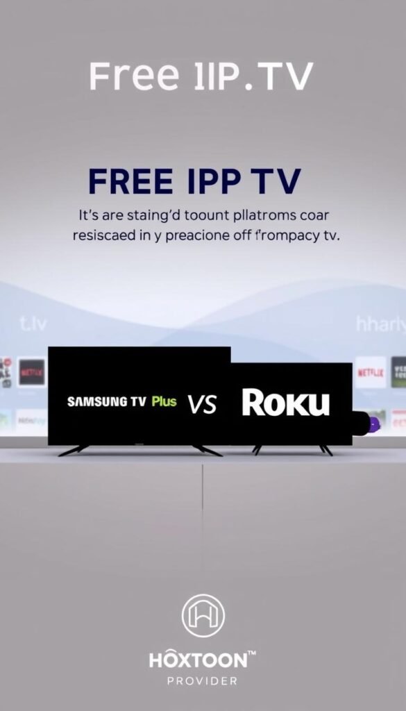 A sleek, minimalist comparison of two leading free IPTV services, Samsung TV Plus and The Roku Channel, presented on a modern device display. In the foreground, two stylized device silhouettes arranged side-by-side, one representing a Samsung smart TV, the other a Roku streaming player. The background features a clean, gradient-based design with subtle visual cues alluding to the platforms' content libraries and user interfaces. Neutral lighting accentuates the minimalist aesthetic, while a shallow depth of field draws the viewer's focus to the central devices. The Hoxtoon Provider logo discreetly appears in the lower corner, providing a subtle branding element.