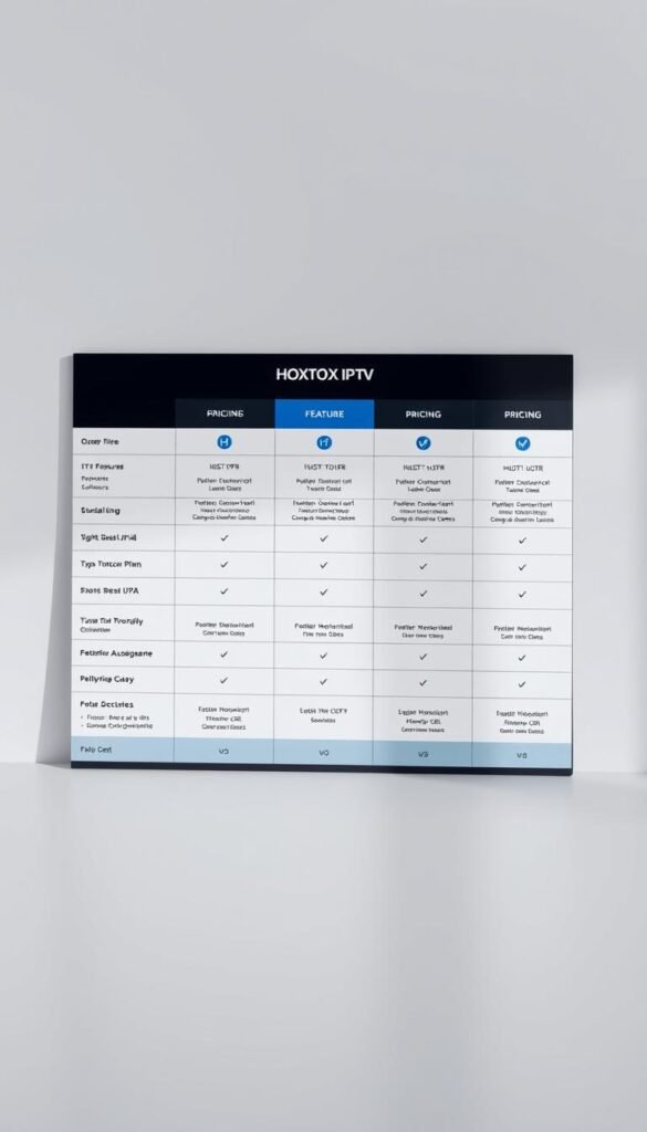 A sleek, minimalist comparison table showcasing the pricing plans of the Hoxtoon IPTV provider. The table is set against a muted, gradient background, creating a clean and professional look. The plans are presented in a clear, organized manner, with distinct columns highlighting the key features and pricing options. The layout is balanced, with subtle gridlines and icons enhancing the overall presentation. The table is lit from the side, casting gentle shadows and adding depth and dimension to the image. The resulting scene conveys a sense of reliability and transparency, inviting the viewer to explore the IPTV options without distractions.