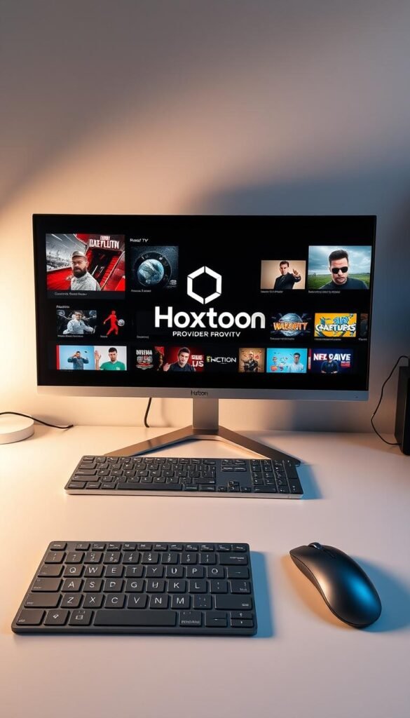 A sleek, minimalist desktop setup showcasing the Hoxtoon Provider IPTV service. In the center, a high-resolution display shows a selection of premium live TV channels and on-demand content. The Hoxtoon logo prominently featured, conveying a sense of reliability and quality. Surrounding the display, a modern, brushed metal keyboard and mouse, creating a sophisticated and professional atmosphere. Soft, directional lighting illuminates the scene, highlighting the sharp lines and smooth surfaces. The overall impression is one of a premium, cutting-edge IPTV solution, tailored for the discerning user.