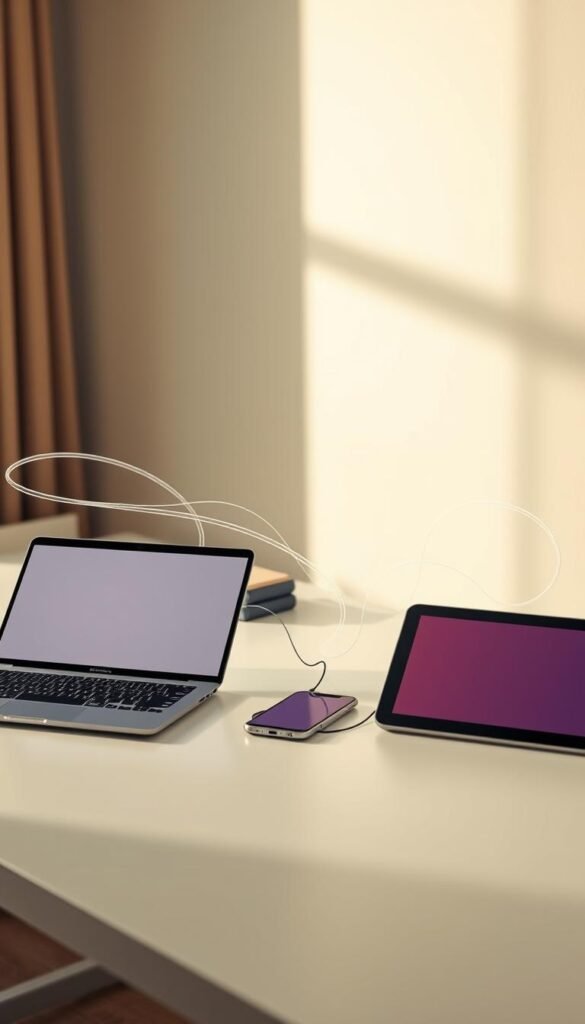 A sleek, minimalist desktop setup with a laptop, smartphone, and tablet prominently displayed. The devices are connected by swirling data streams, representing reliable online streaming from the Hoxtoon Provider. The room is bathed in a soft, warm light, creating a sense of comfort and efficiency. The devices are arranged in a way that suggests seamless integration and uninterrupted service. The overall mood is one of dependability, technology, and modern connectivity.