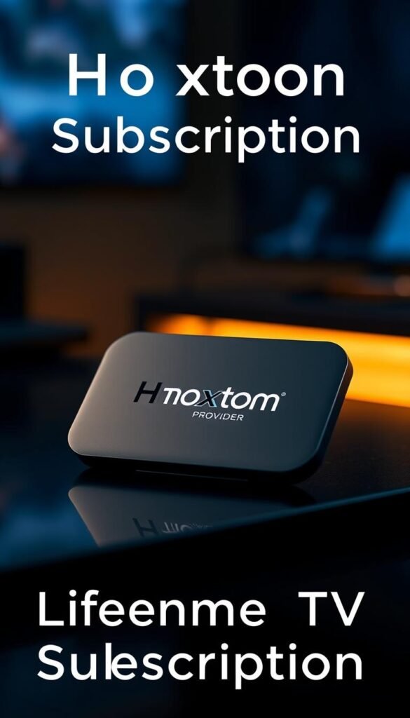 A sleek, minimalist device displaying the "Hoxtoon Provider" logo, resting on a dark, polished surface. The device is illuminated by a soft, warm light, casting a subtle glow on the surrounding environment. The background is blurred, creating a sense of depth and focus on the central subject. The image conveys a sense of modern, high-quality technology and the promise of a lifetime IPTV subscription.