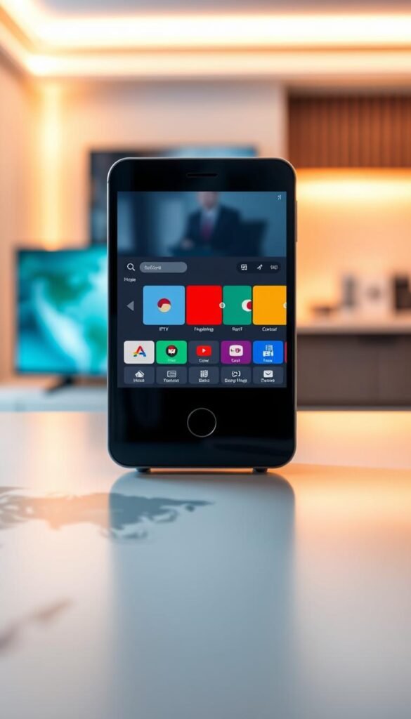 A sleek, minimalist digital device display showcases the Hoxtoon Provider IPTV service interface. The screen features a clean, intuitive layout with crisp icons and vibrant colors, conveying a sense of modern, reliable connectivity. In the foreground, an international world map subtly hints at the global accessibility of the service, catering to the needs of expats. The background is softly blurred, creating a sense of focus on the central device, which is lit by warm, diffused lighting to evoke a comfortable, premium atmosphere. The overall impression is one of a high-quality, user-friendly IPTV solution designed specifically for expats seeking to stay connected to their home media.