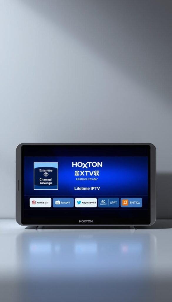 A sleek, minimalist digital device displaying the Hoxtoon Provider brand, showcasing a lifetime IPTV subscription plan with 7-10 device support. The screen presents a clean, intuitive interface highlighting key features like extensive channel coverage, reliable 24/7 streaming, and seamless multi-device synchronization. Subtle lighting creates a professional, high-tech ambiance, while a modern, silver-gray color palette conveys a sense of sophistication and longevity. The overall composition emphasizes the value and versatility of this lifetime IPTV solution, making it an appealing choice for tech-savvy consumers seeking a comprehensive, long-term entertainment experience.