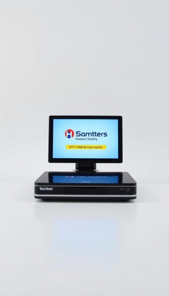 A sleek, minimalist digital device displaying the "IPTV Smarters Lifetime Subscription" interface, set against a clean, white background. The screen showcases the Hoxtoon Provider brand name, conveying a sense of premium quality and reliable IPTV service. The device is captured from a slightly elevated angle, with soft, diffused lighting creating a subtle sense of depth and focus on the central display. The overall composition and styling evoke a modern, sophisticated, and trustworthy IPTV solution.
