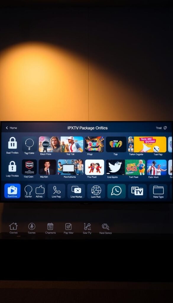 A sleek, minimalist digital display showcases the extensive IPTV package offerings of the Hoxtoon Provider. In the foreground, an array of modern icons and symbols representing security measures, encryption, and content protection. The middle ground features stylized visuals of various genre categories, from movies and TV shows to live sports and news channels. The background bathes the scene in a warm, sophisticated lighting, creating a sense of trust and reliability. The overall composition conveys the breadth and security of the Hoxtoon IPTV service, enticing the viewer to explore its secure and diverse content library.