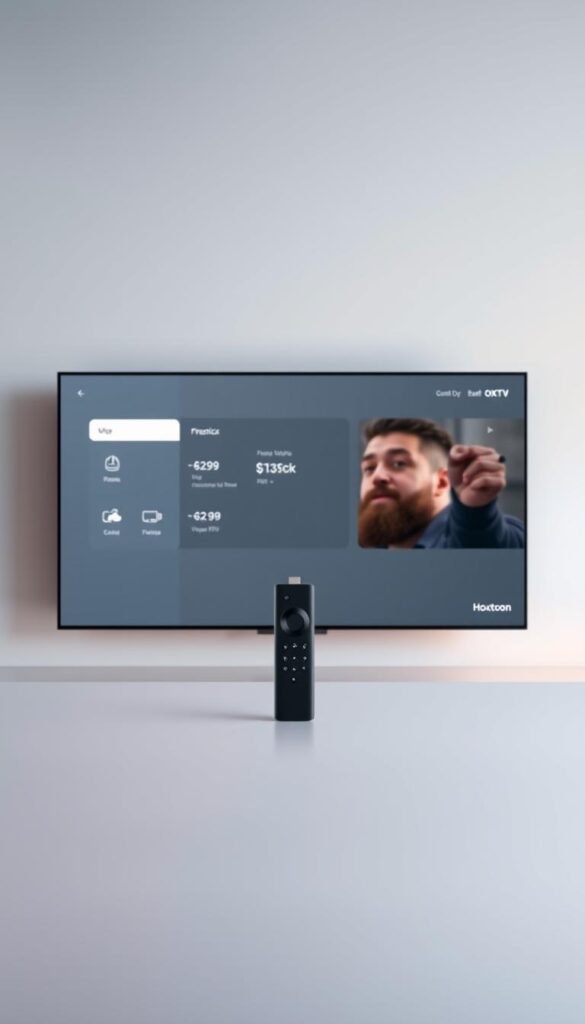 A sleek, minimalist digital display showcasing Hoxtoon Provider's affordable Firestick IPTV plans. The foreground features a clean, modern interface with crisp icons and pricing details. The middle ground highlights the Firestick device, seamlessly integrated into the scene. In the background, a soft, atmospheric gradient creates a sense of depth and sophistication. Subtle lighting accentuates the premium, high-tech aesthetic, capturing the value and convenience of Hoxtoon's IPTV offerings for Firestick users.