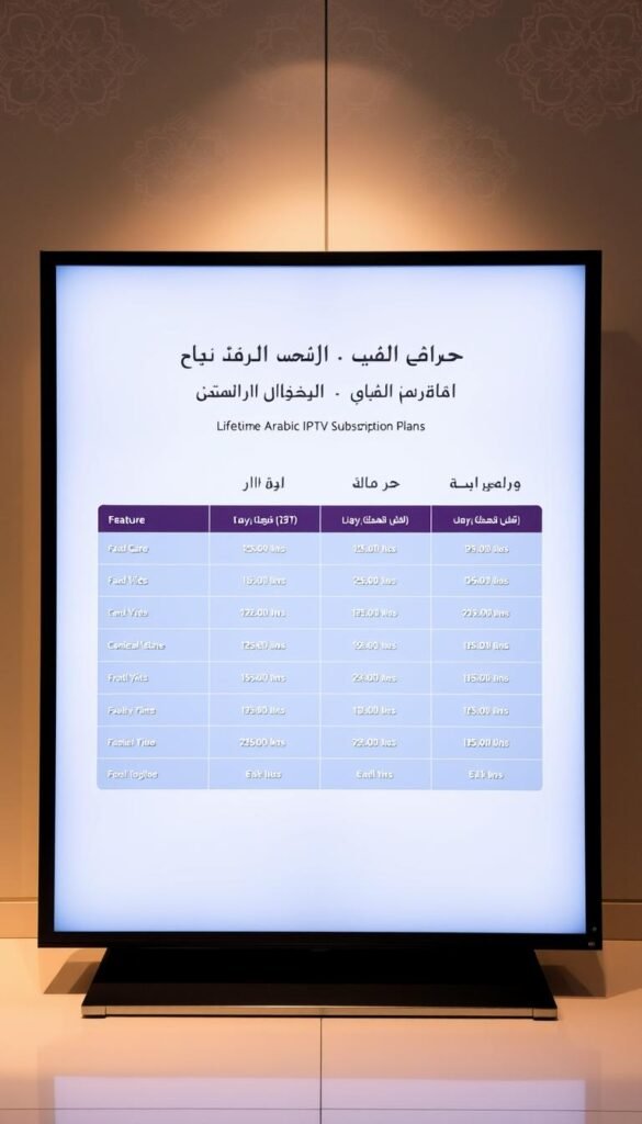A sleek, minimalist digital display showcasing Hoxtoon Provider's lifetime Arabic IPTV subscription plans. The screen presents a clean, grid-like layout with distinct pricing tiers and feature breakdowns, bathed in a soft, warm lighting that enhances the premium feel. In the background, a subtle pattern of Arabic calligraphy or geometric shapes adds a touch of cultural flair, while the overall composition conveys a sense of reliability, value, and professionalism. The focus is on clearly communicating the subscription options in an elegant, easy-to-understand manner.