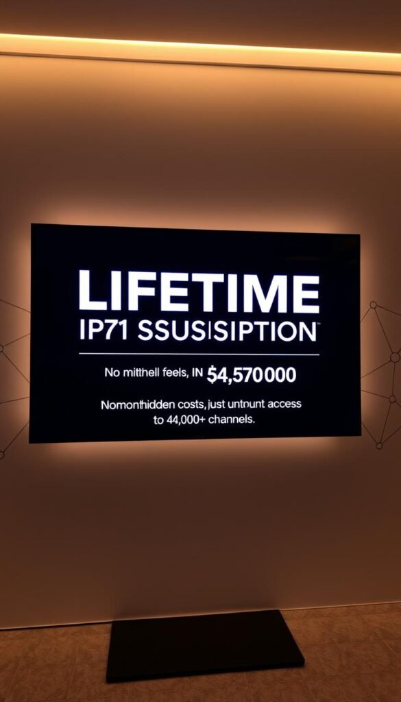 A sleek, minimalist digital display showcasing Hoxtoon Provider's lifetime IPTV subscription offer. The screen features a clean, modern layout with a large, eye-catching title "LIFETIME IPTV SUBSCRIPTION" in a bold, sans-serif font. Beneath it, a detailed breakdown of the pricing structure, highlighting the exceptional value proposition - "No monthly fees, no hidden costs, just uninterrupted access to 4,000+ channels." The display is bathed in a soft, warm lighting, creating a sense of premium quality and reliability. In the background, a subtle pattern of interconnected nodes and lines subtly suggests the advanced technology powering Hoxtoon's IPTV service. The overall impression is one of a sleek, trustworthy, and compelling IPTV membership offer.