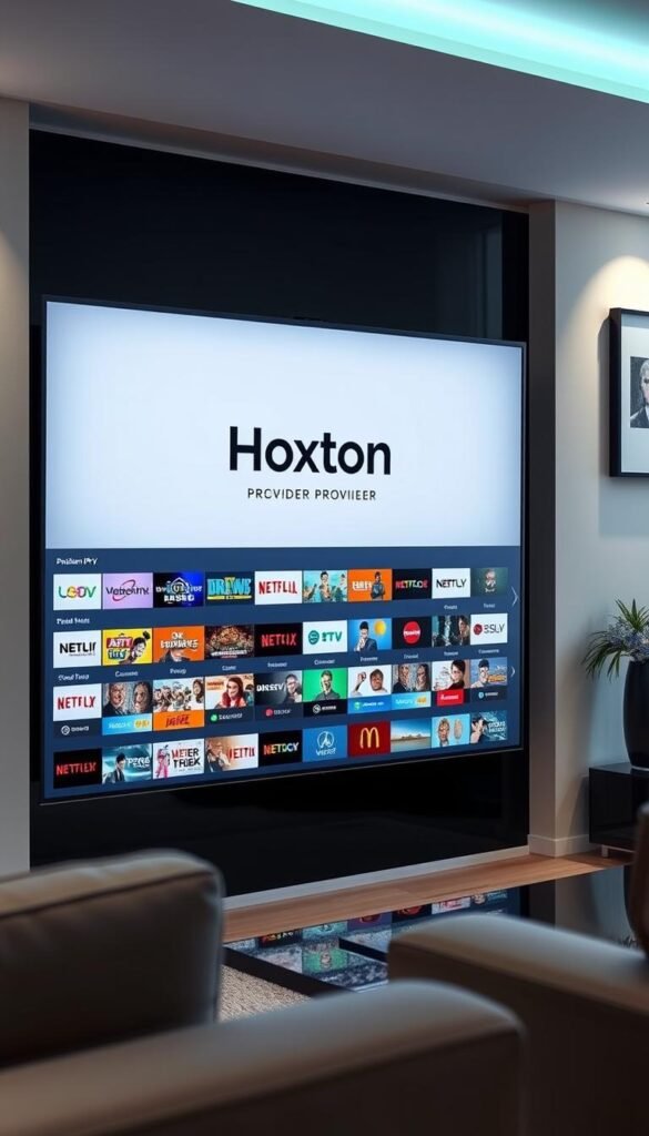 A sleek, minimalist digital display showcasing the Hoxtoon Provider brand name, conveying a sense of premium IPTV subscription. The interface features a clean layout with vivid, high-definition channel icons across a vast content library of over 21,000 channels. The display is illuminated by soft, directional lighting, creating a modern, elegant atmosphere. The camera angle is slightly elevated, capturing the display at an angle that highlights the depth and breadth of the extensive content available. The overall composition suggests a sophisticated, user-friendly IPTV service with unparalleled entertainment options.