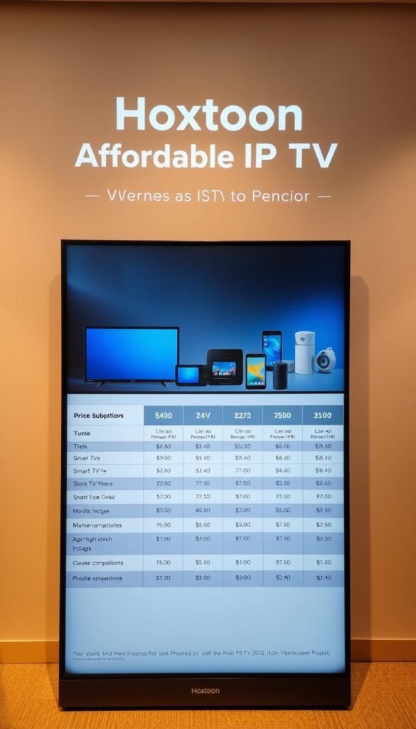 A sleek, minimalist digital display showcasing the affordable IPTV pricing structure of the Hoxtoon Provider. The foreground features a clean, well-organized table outlining the various subscription tiers, packages, and associated costs in a modern, easy-to-read format. The middle ground showcases an array of connected devices, including smart TVs, tablets, and mobile phones, highlighting the cross-platform accessibility of Hoxtoon's services. The background is a subtle gradient, conveying a sense of professionalism and technological sophistication. The overall scene is bathed in warm, diffused lighting, creating a welcoming and inviting atmosphere for potential Hoxtoon customers.