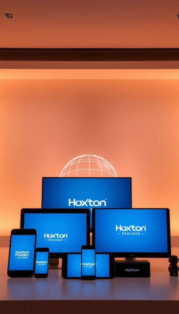 A sleek, minimalist digital display showcasing the compatibility of the Hoxtoon Provider IPTV service across multiple devices. In the foreground, a collection of modern smartphones, tablets, and smart TVs arranged neatly, each displaying the Hoxtoon Provider logo and interface. The middle ground features a stylized wireframe globe, symbolizing the global accessibility of the IPTV service. The background is a soft, gradient-based color scheme, lending a sense of technological sophistication. Warm, indirect lighting illuminates the scene, highlighting the seamless integration of the devices. The overall impression conveys the versatility and cross-platform compatibility of the Hoxtoon Provider IPTV solution.