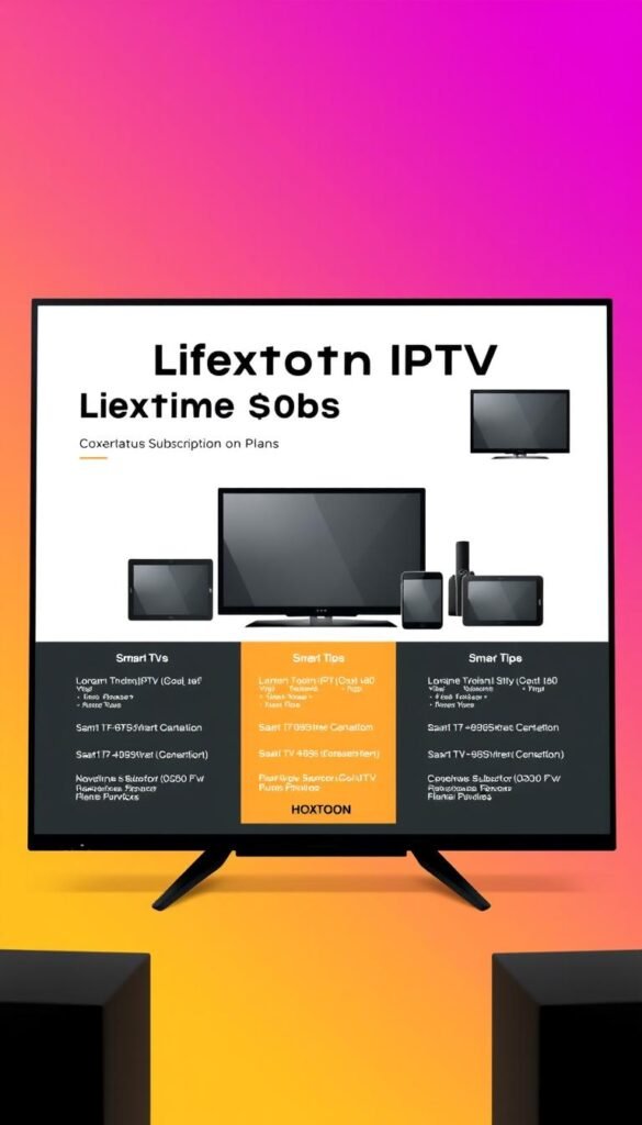 A sleek, minimalist digital display showcasing the lifetime subscription plans offered by the Hoxtoon IPTV provider. The foreground features a clean, monochrome layout with bold typography highlighting the different pricing tiers and their corresponding features. The middle ground depicts a selection of modern digital devices, such as smart TVs, tablets, and smartphones, seamlessly integrated into the scene. The background maintains a subtle, slightly blurred gradient in complementary hues, creating a sense of depth and professionalism. The overall composition conveys a sense of value, reliability, and ease of use for the Hoxtoon IPTV lifetime subscription service.