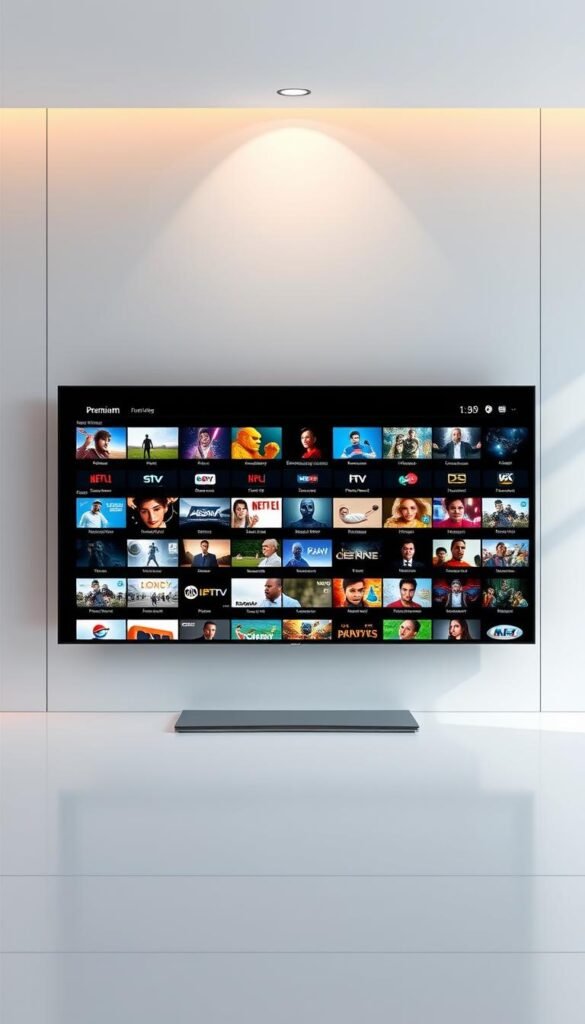 A sleek, minimalist digital display showcasing the premium IPTV channels offered by Hoxtoon Provider. The screen exhibits a clean, sophisticated layout with crisp, high-definition video thumbnails arranged in a grid pattern, representing the extensive 21,000+ channel library. The background features a subtle, elegant gradient, creating a sense of depth and professionalism. Subtle lighting from above casts a warm, inviting glow across the display, highlighting the sharpness and vibrancy of the content. The overall composition conveys a premium, cutting-edge IPTV service with unparalleled content depth and quality.